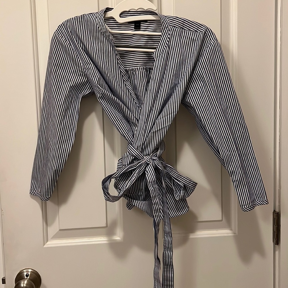 Jcrew pinstripe wrap top. Still love, but ready to rotate to something new!